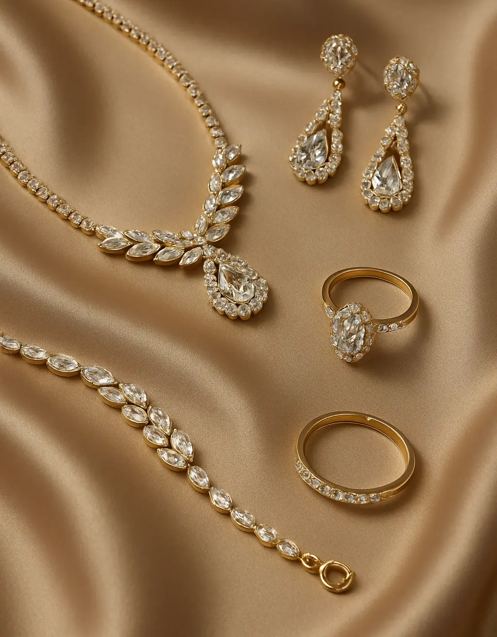 Comet and Crystal gold-plated diamond necklace set – includes matching earrings, a statement ring, and a bangle. Perfect for weddings and special occasions, this luxurious fashion jewellery set shines with elegance and timeless charm. Shop now for affordable luxury.